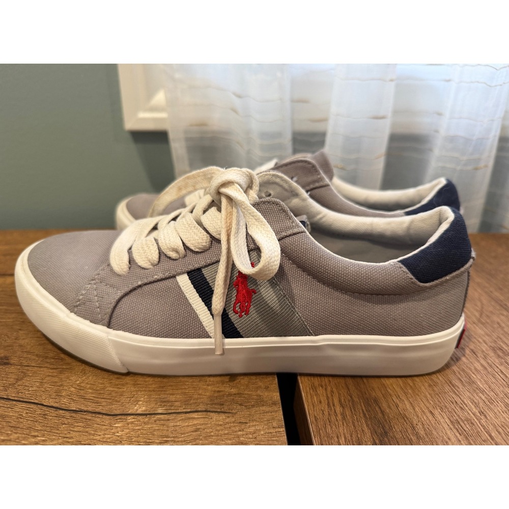 Kids Polo Ralph Lauren Canvas Sneakers Gray Red Pony Logo Lace Up‎ Youth Size 4